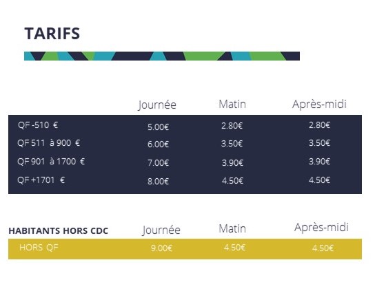 Tarifs centre de Loisirs