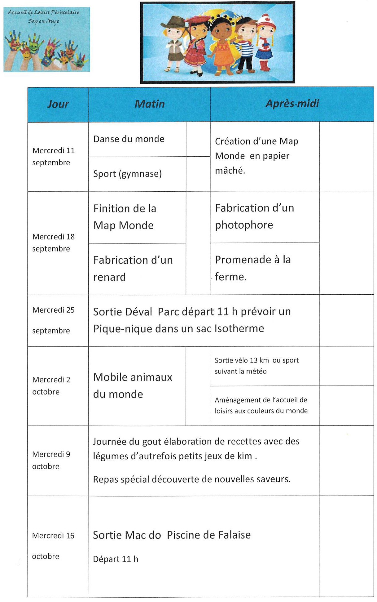 Programme mercredis centre le Sap