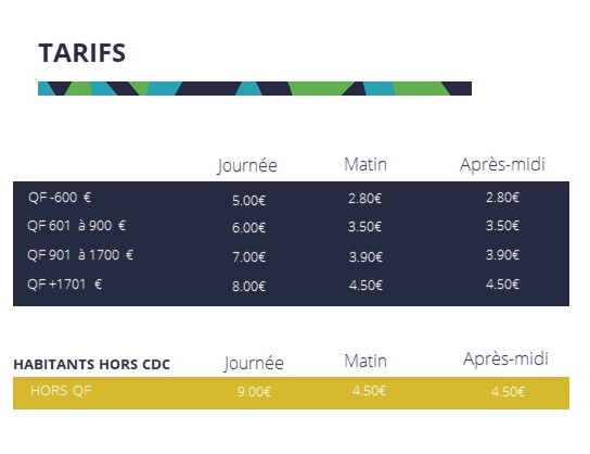 Tarifs centre de Loisirs